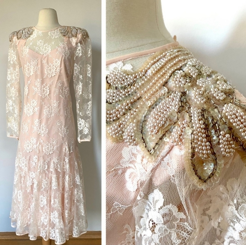 Vintage Pleated Drop Waist Lace Dress Beaded Shoulders